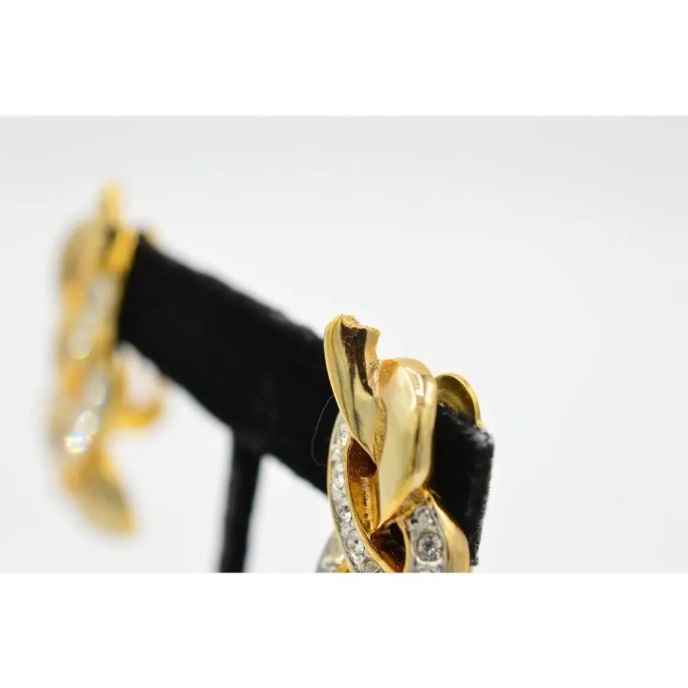 Vintage Crystal Clip On Earrings Chunky Braid Drop Gold Rhinestone NOS 1980s 9L